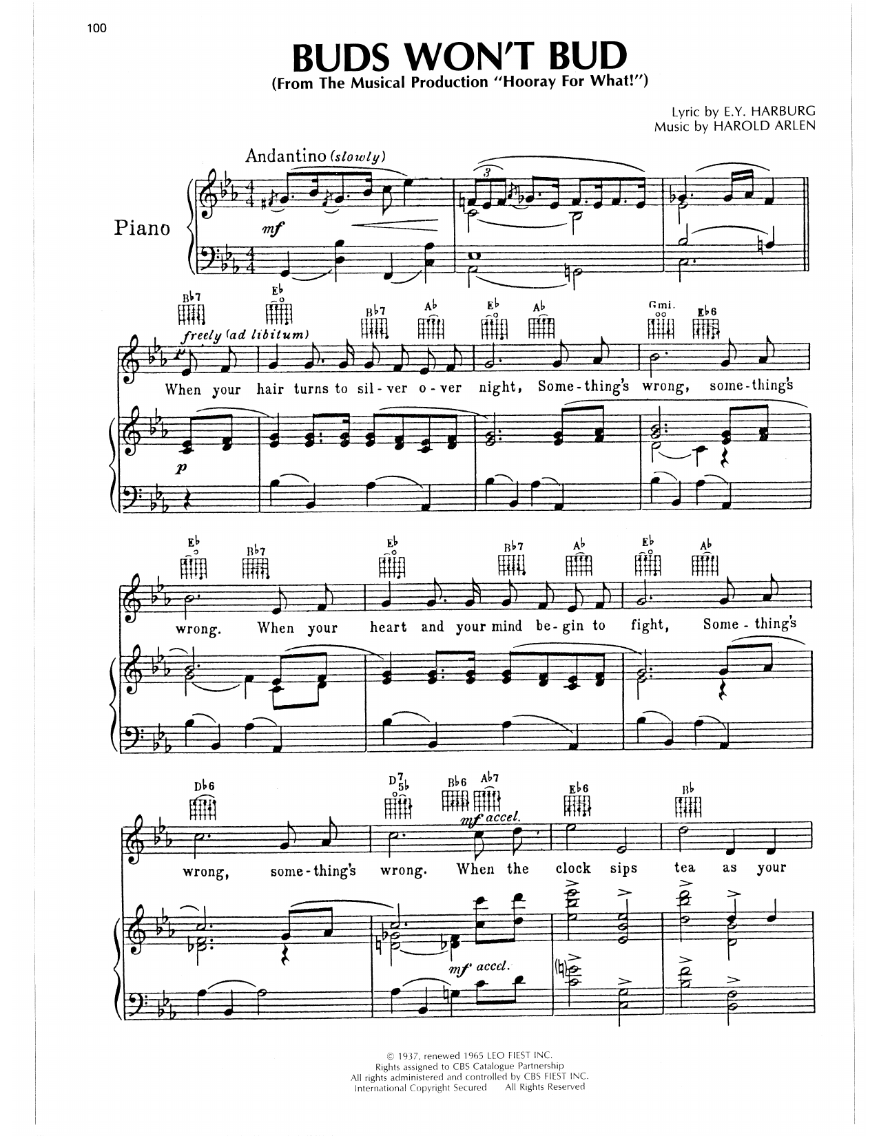 Harold Arlen Buds Won't Bud sheet music notes and chords arranged for Piano, Vocal & Guitar Chords (Right-Hand Melody)