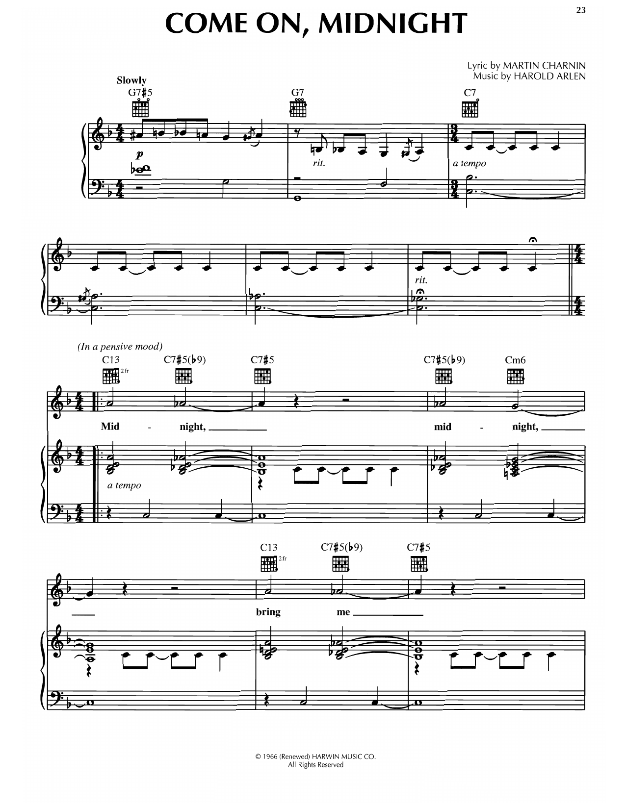 Harold Arlen Come On, Midnight sheet music notes and chords arranged for Piano, Vocal & Guitar Chords (Right-Hand Melody)