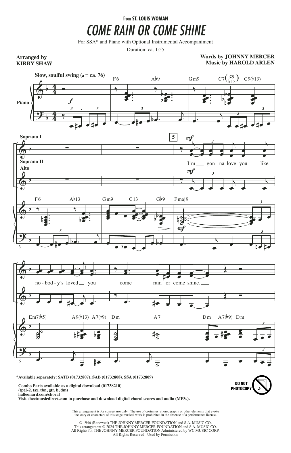 Harold Arlen Come Rain Or Come Shine (arr. Kirby Shaw) sheet music notes and chords arranged for SATB Choir