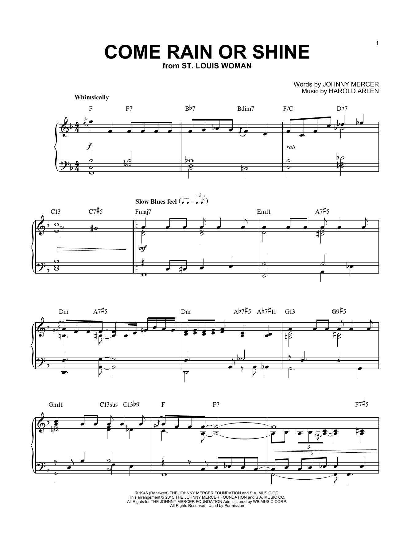 Harold Arlen Come Rain Or Come Shine [Jazz version] (arr. Brent Edstrom) sheet music notes and chords arranged for Piano Solo