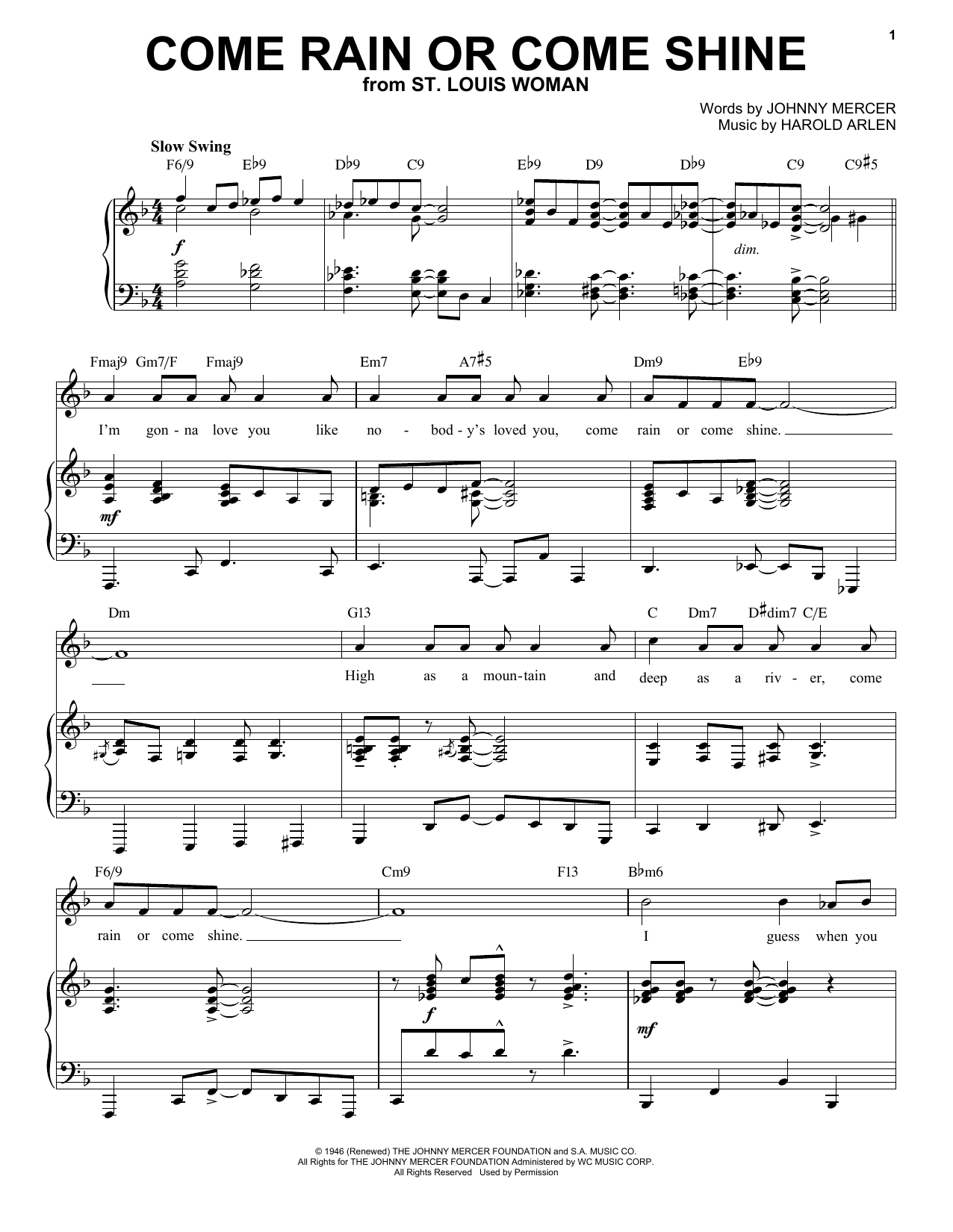 Harold Arlen Come Rain Or Come Shine [Jazz version] (from St. Louis Woman) (arr. Brent Edstrom) sheet music notes and chords arranged for Piano & Vocal