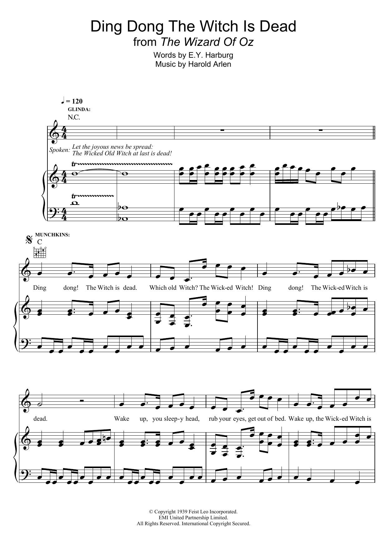 Harold Arlen Ding-Dong! The Witch Is Dead (from The Wizard Of Oz) sheet music notes and chords arranged for Easy Guitar Tab