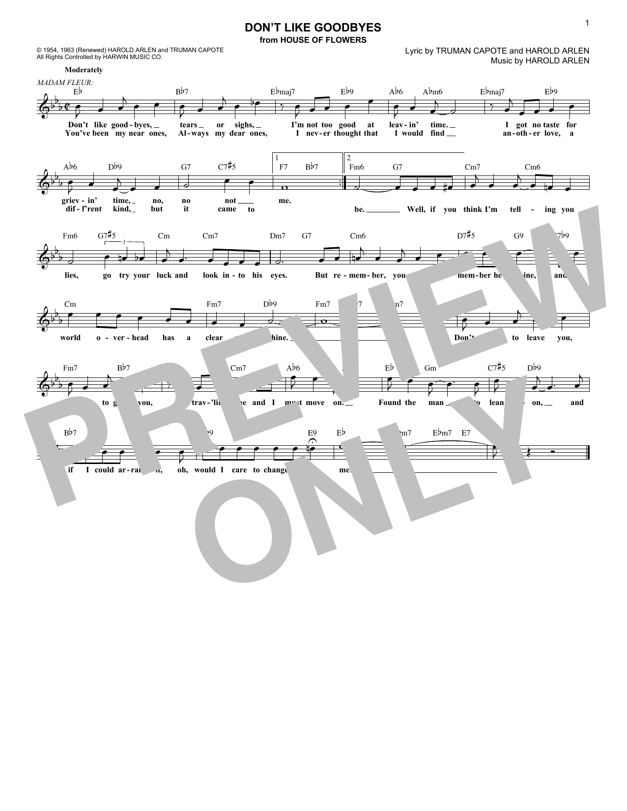 Harold Arlen Don't Like Goodbyes sheet music notes and chords arranged for Lead Sheet / Fake Book