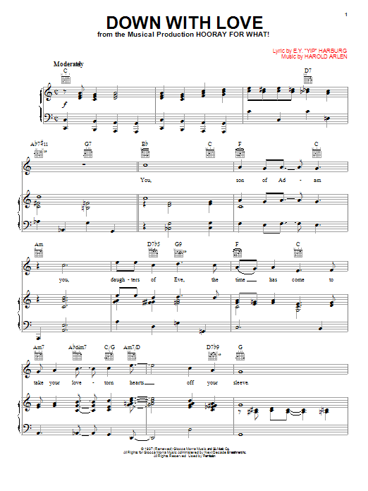 Harold Arlen Down With Love sheet music notes and chords arranged for Piano, Vocal & Guitar Chords (Right-Hand Melody)