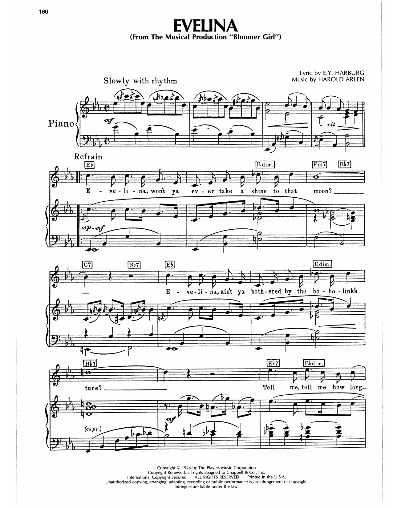Harold Arlen Evelina (from Bloomer Girl) sheet music notes and chords arranged for Piano, Vocal & Guitar Chords (Right-Hand Melody)