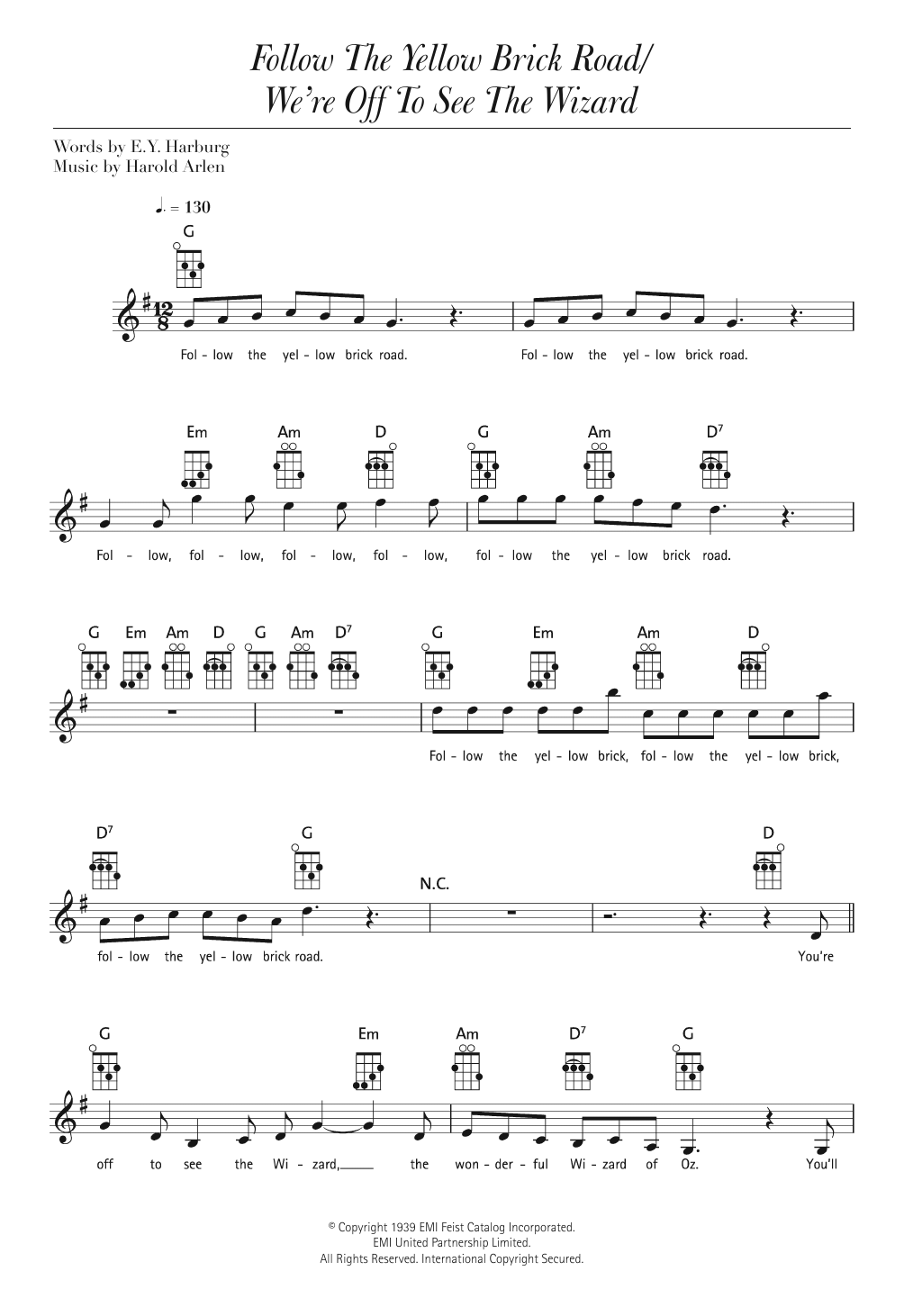Harold Arlen Follow The Yellow Brick Road/ We're Off To See The Wizard sheet music notes and chords arranged for Ukulele