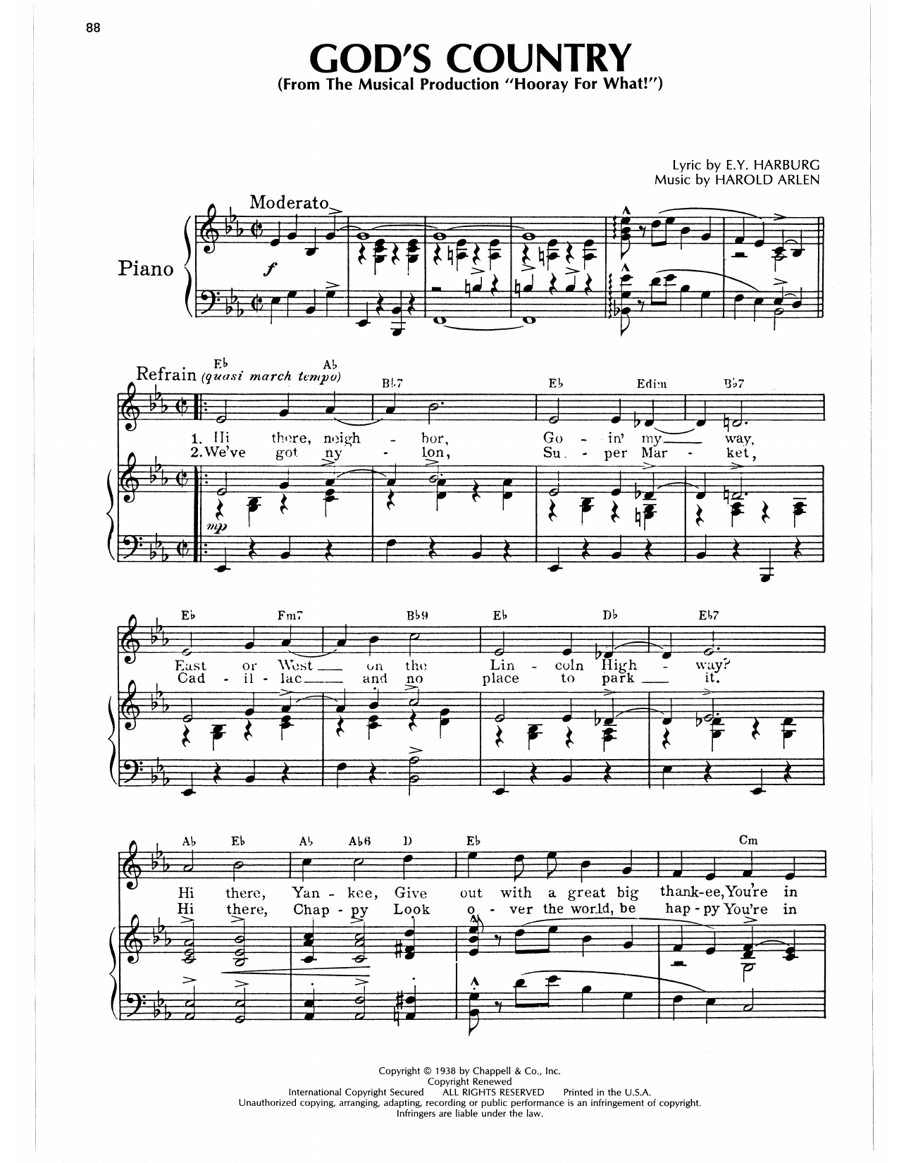 Harold Arlen God's Country sheet music notes and chords arranged for Piano, Vocal & Guitar Chords (Right-Hand Melody)