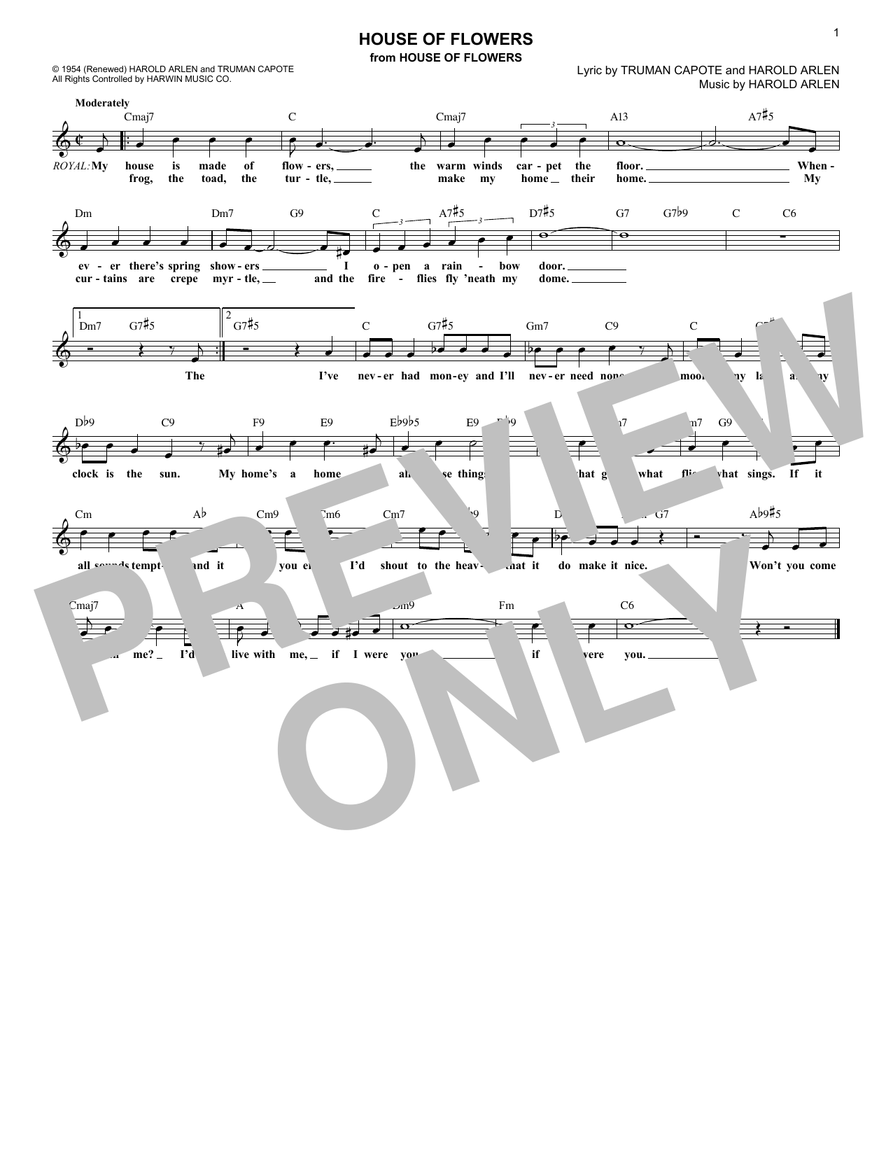 Harold Arlen House Of Flowers sheet music notes and chords arranged for Lead Sheet / Fake Book