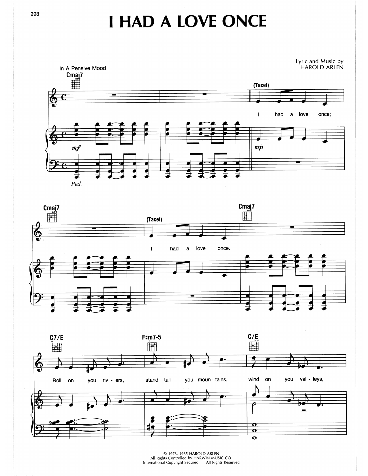 Harold Arlen I Had A Love Once sheet music notes and chords arranged for Piano, Vocal & Guitar Chords (Right-Hand Melody)
