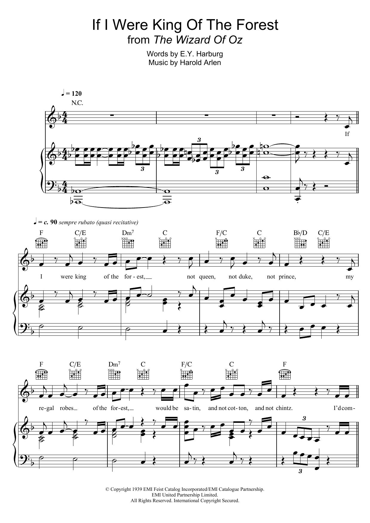Harold Arlen If I Were The King Of The Forest (from 'The Wizard Of Oz') sheet music notes and chords arranged for Piano, Vocal & Guitar Chords