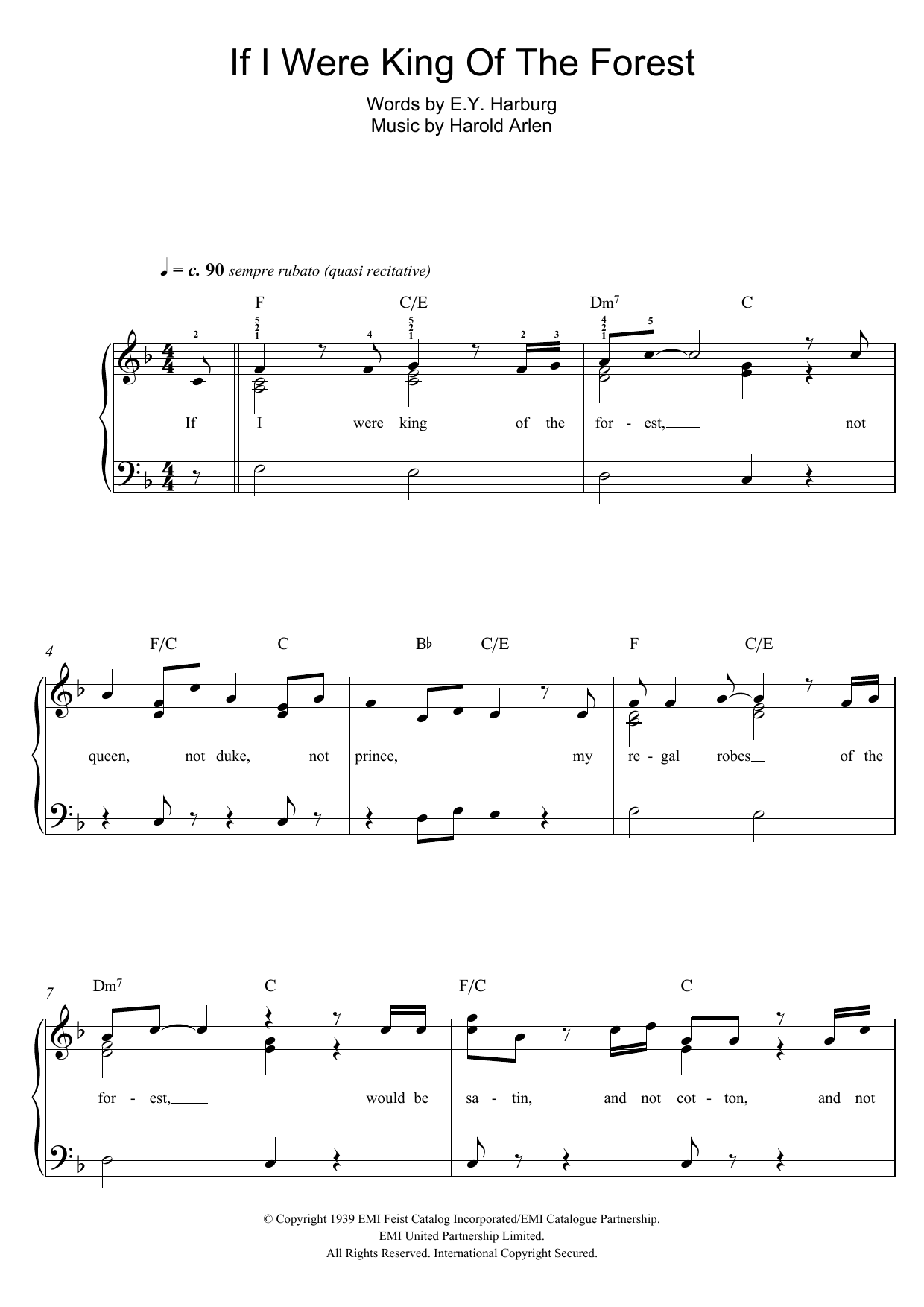 Harold Arlen If I Were The King Of The Forest sheet music notes and chords arranged for Easy Piano