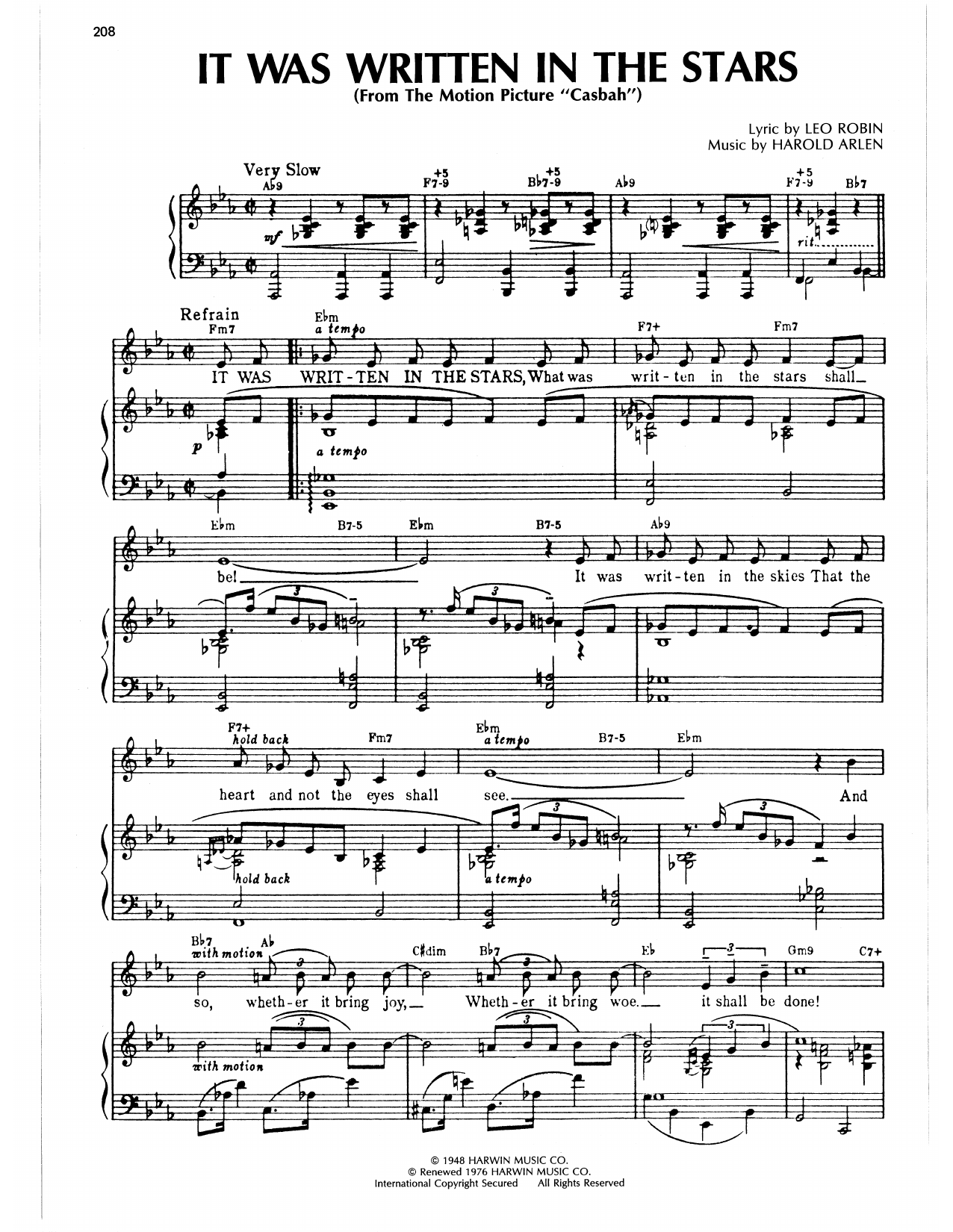 Harold Arlen It Was Written In The Stars (from Casbah) sheet music notes and chords arranged for Piano, Vocal & Guitar Chords (Right-Hand Melody)