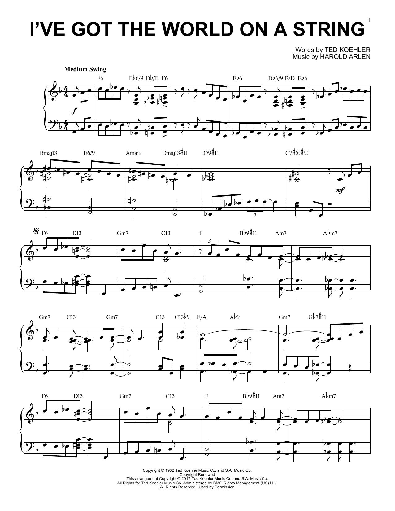 Harold Arlen I've Got The World On A String [Jazz version] sheet music notes and chords arranged for Piano Solo