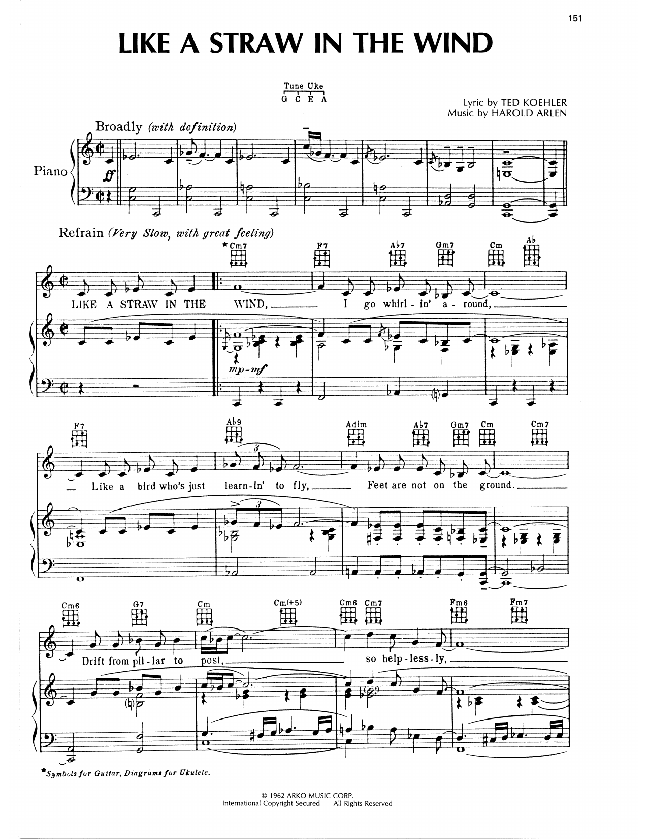 Harold Arlen Like A Straw In The Wind sheet music notes and chords arranged for Piano, Vocal & Guitar Chords (Right-Hand Melody)