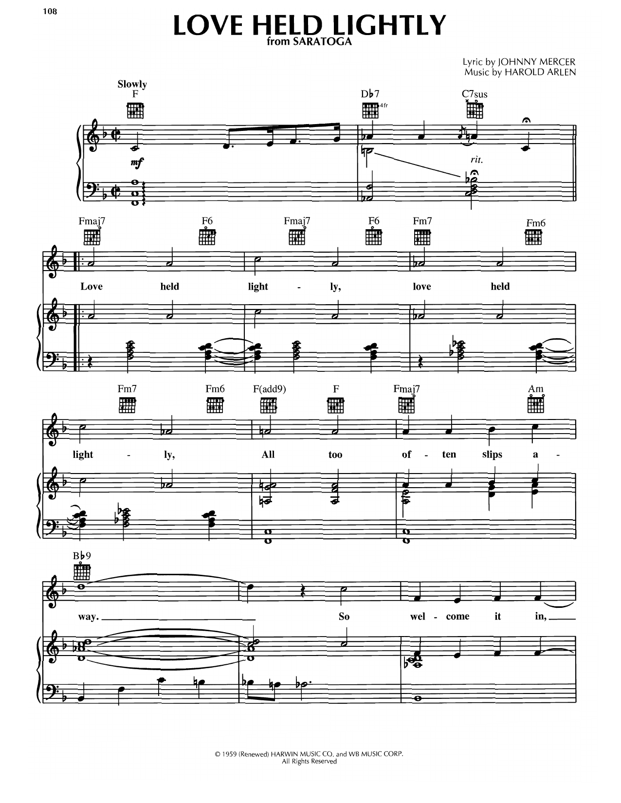 Harold Arlen Love Held Lightly sheet music notes and chords arranged for Piano, Vocal & Guitar Chords (Right-Hand Melody)