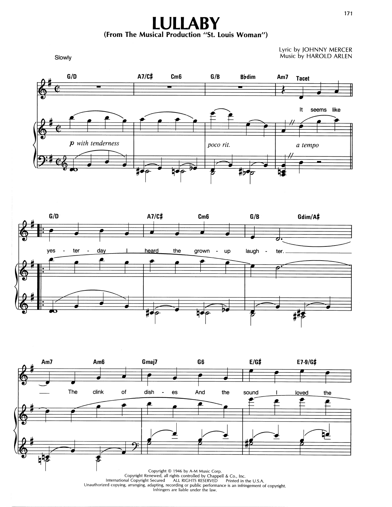 Harold Arlen Lullaby sheet music notes and chords arranged for Piano, Vocal & Guitar Chords (Right-Hand Melody)