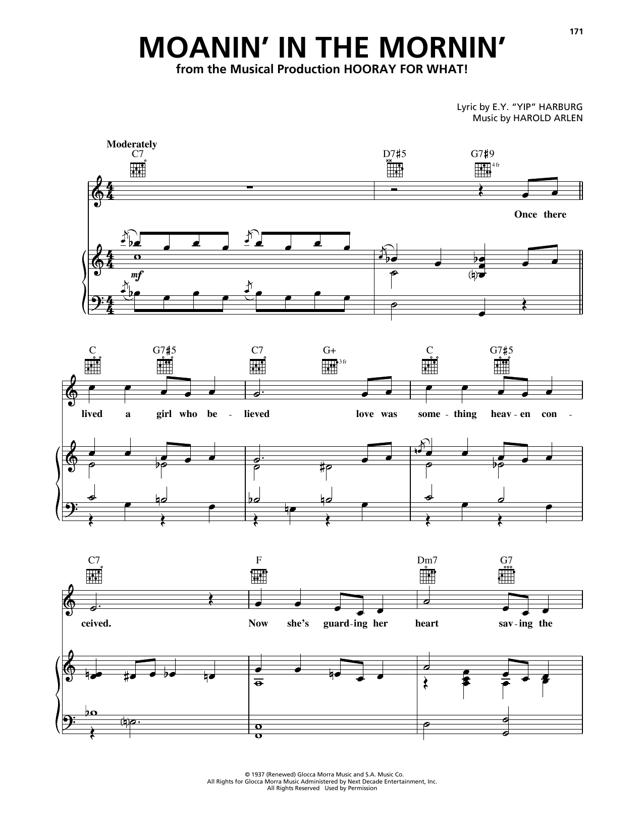 Harold Arlen Moanin' In The Mornin' (from Hooray For What!) sheet music notes and chords arranged for Piano, Vocal & Guitar Chords (Right-Hand Melody)