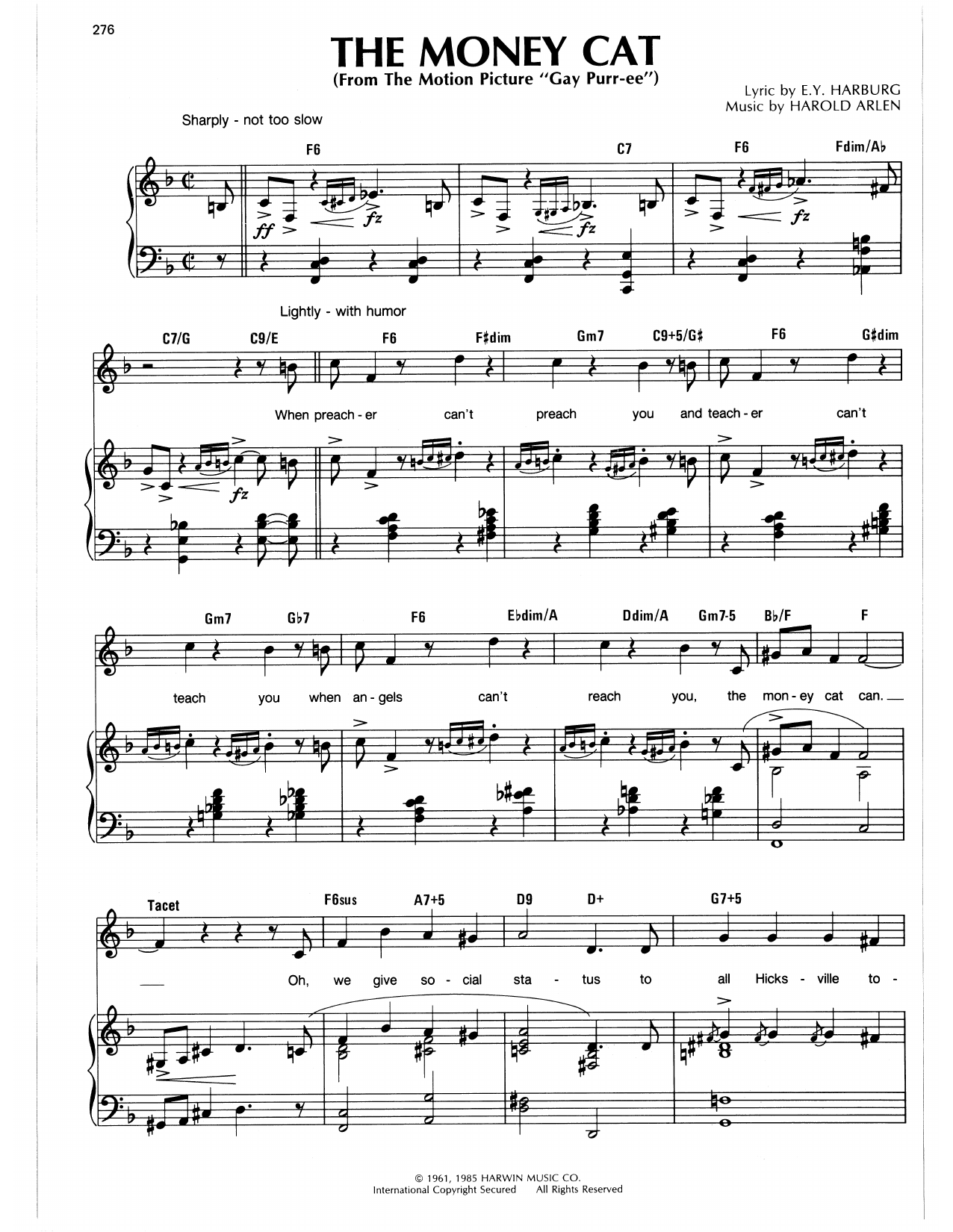 Harold Arlen Money Cat sheet music notes and chords arranged for Piano, Vocal & Guitar Chords (Right-Hand Melody)