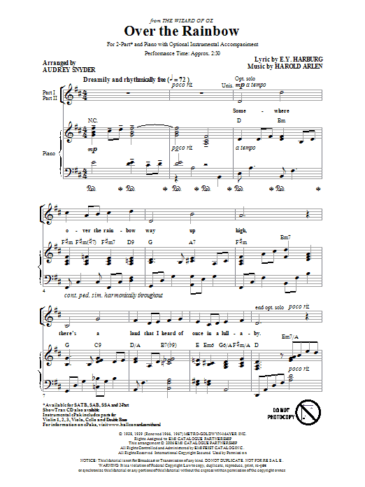 Harold Arlen Over The Rainbow (arr. Audrey Snyder) sheet music notes and chords arranged for 2-Part Choir