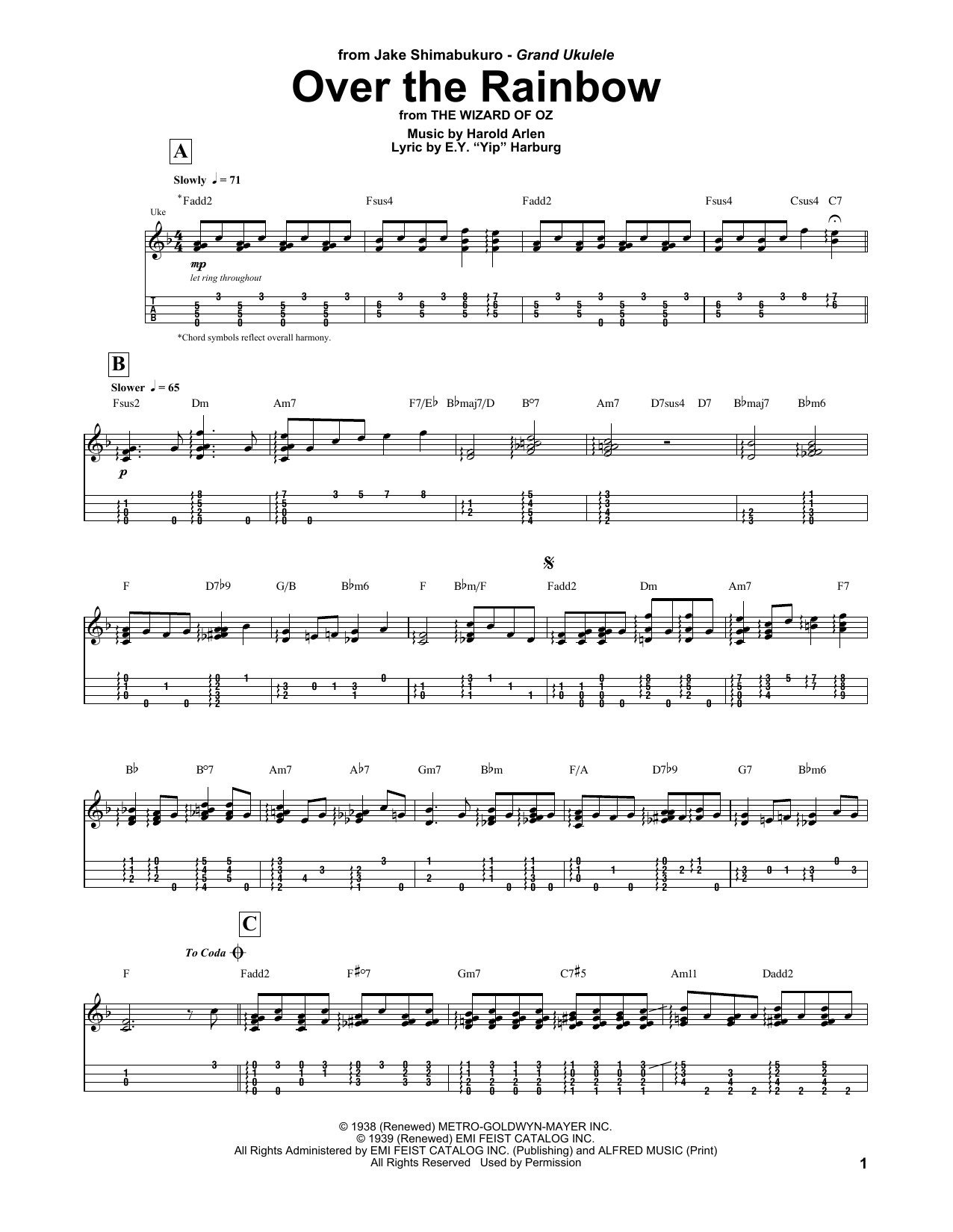 Harold Arlen Over The Rainbow (arr. Jake Shimabukuro) sheet music notes and chords arranged for Ukulele Tab
