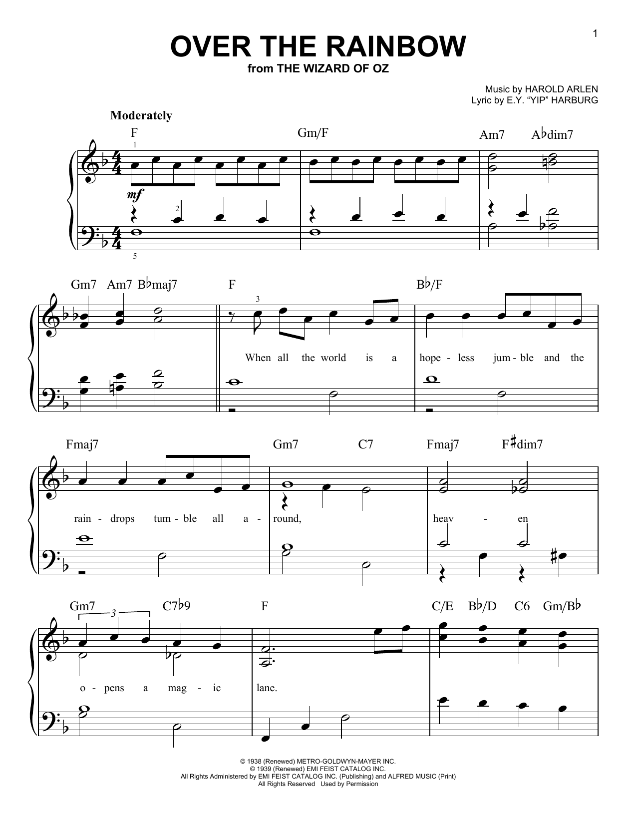 Harold Arlen Over The Rainbow sheet music notes and chords arranged for Super Easy Piano