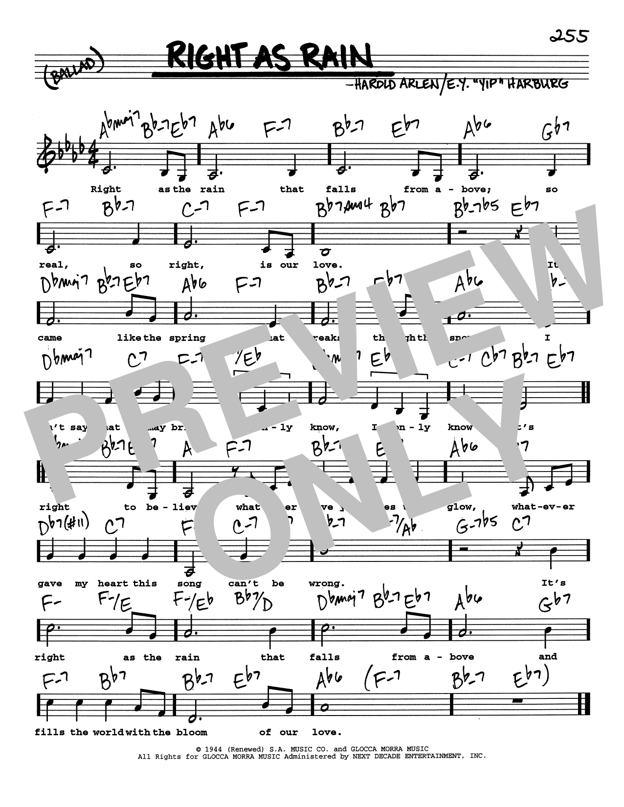 Harold Arlen Right As Rain (Low Voice) sheet music notes and chords arranged for Real Book – Melody, Lyrics & Chords