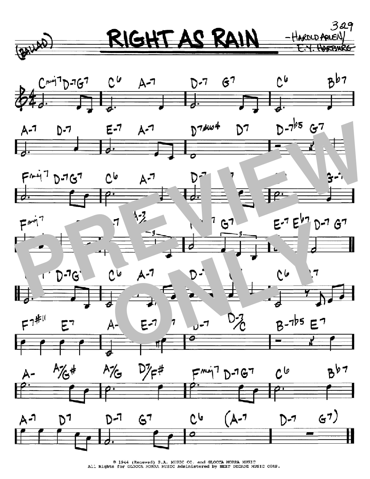 Harold Arlen Right As Rain sheet music notes and chords arranged for Real Book – Melody & Chords – C Instruments