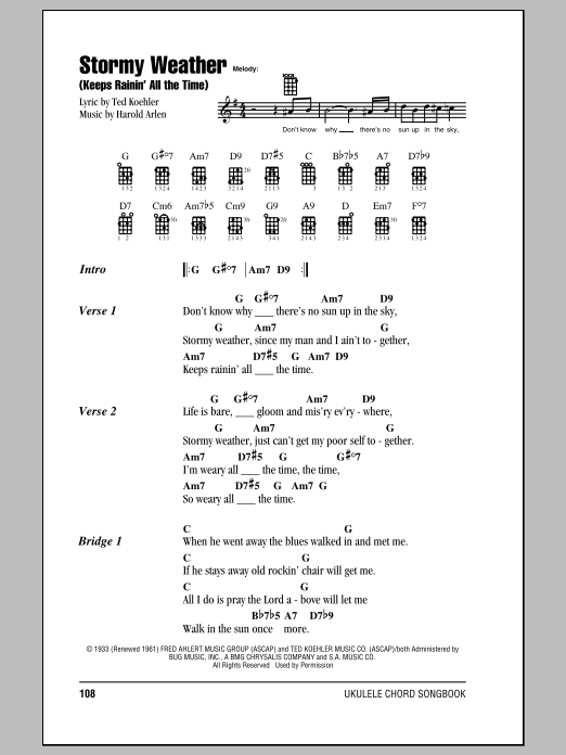 Harold Arlen Stormy Weather (Keeps Rainin' All The Time) sheet music notes and chords arranged for Ukulele Chords/Lyrics