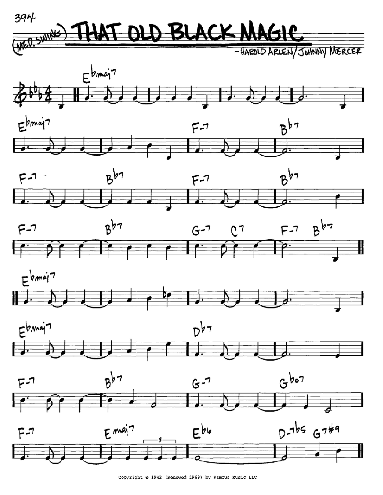Harold Arlen That Old Black Magic sheet music notes and chords arranged for Real Book – Melody, Lyrics & Chords