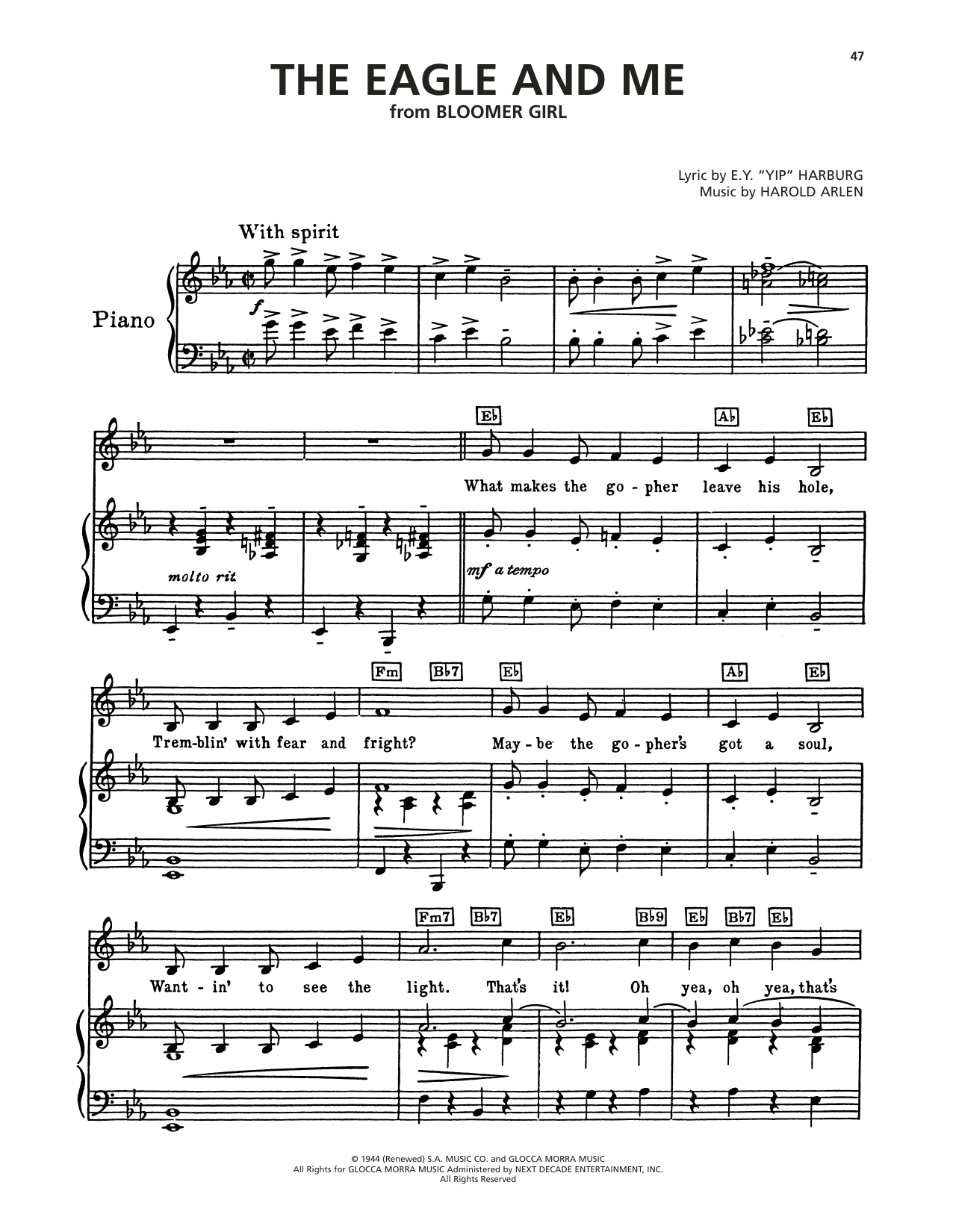 Harold Arlen The Eagle And Me (from Bloomer Girl) sheet music notes and chords arranged for Piano, Vocal & Guitar Chords (Right-Hand Melody)