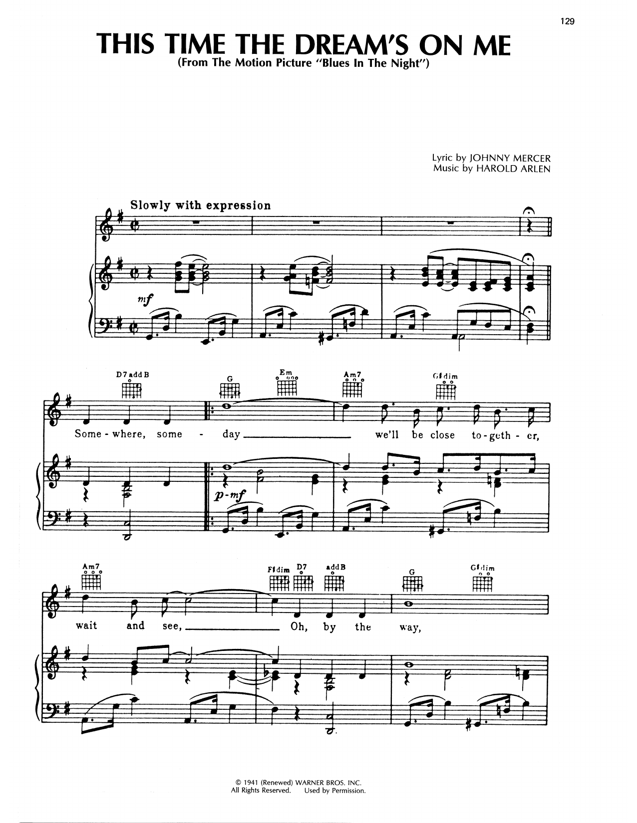 Harold Arlen This Time The Dream's On Me sheet music notes and chords arranged for Piano, Vocal & Guitar Chords (Right-Hand Melody)