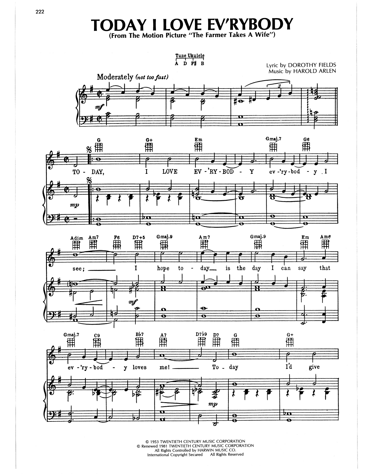 Harold Arlen Today, I Love Everybody sheet music notes and chords arranged for Piano, Vocal & Guitar Chords (Right-Hand Melody)