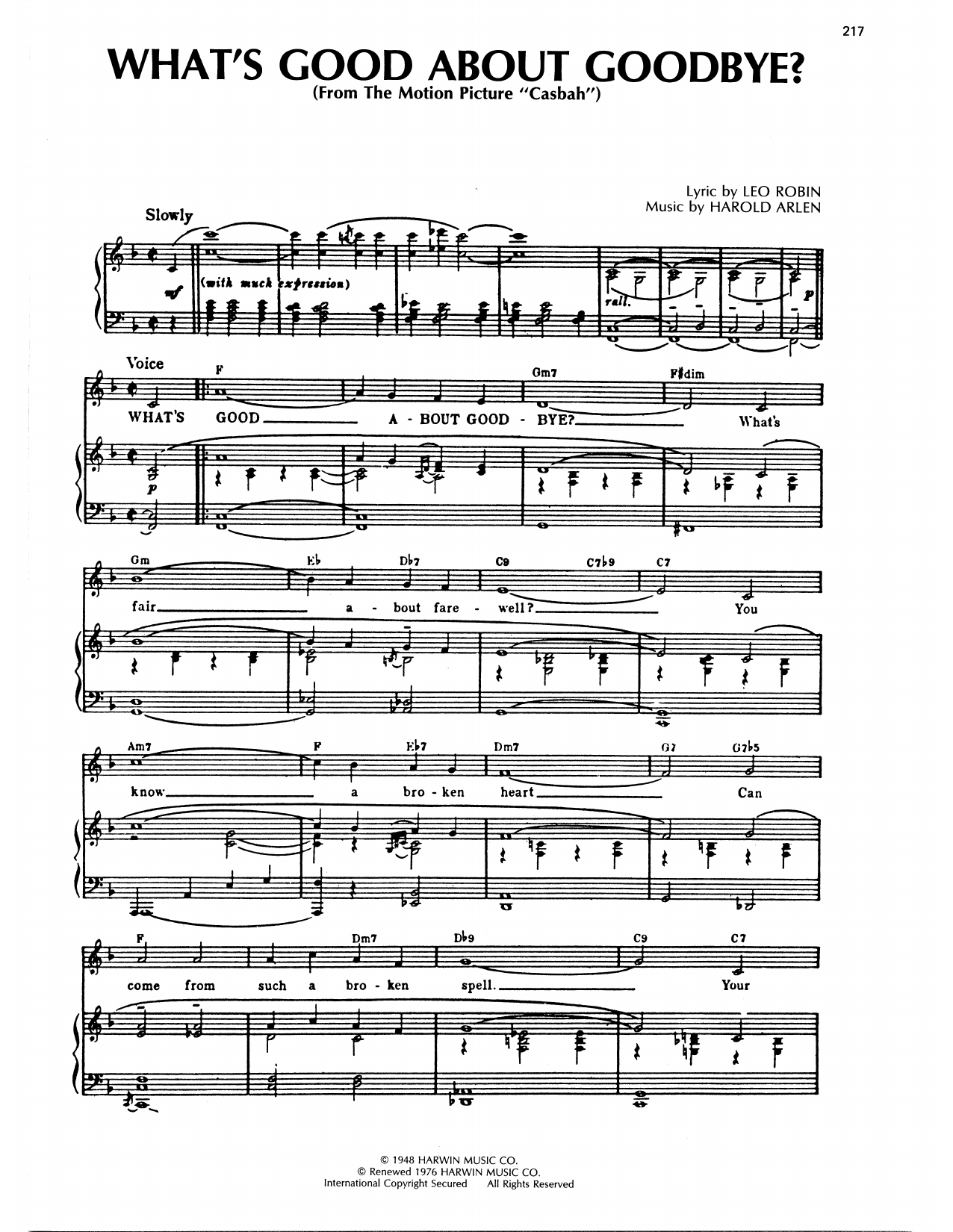 Harold Arlen What's Good About Goodbye? sheet music notes and chords arranged for Piano, Vocal & Guitar Chords (Right-Hand Melody)