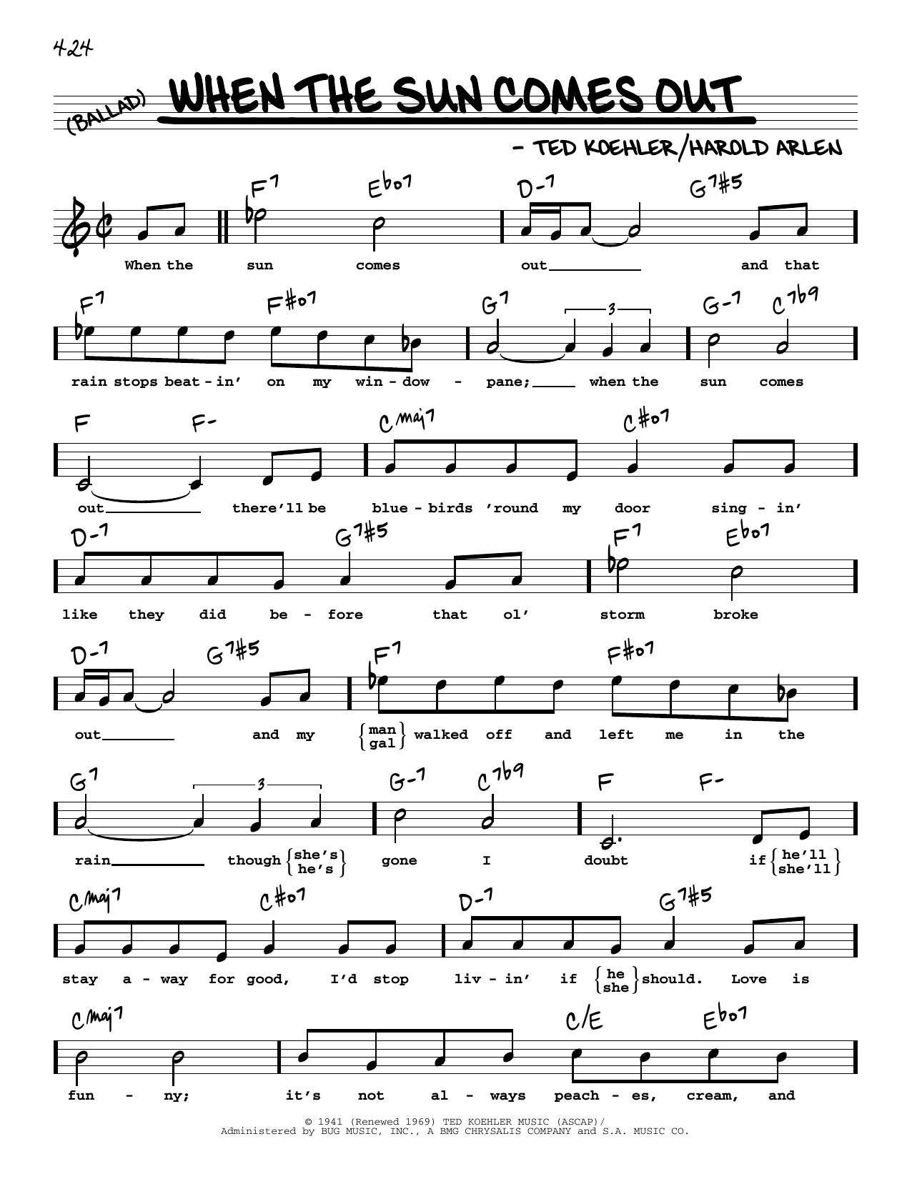 Harold Arlen When The Sun Comes Out (High Voice) sheet music notes and chords arranged for Real Book – Melody, Lyrics & Chords