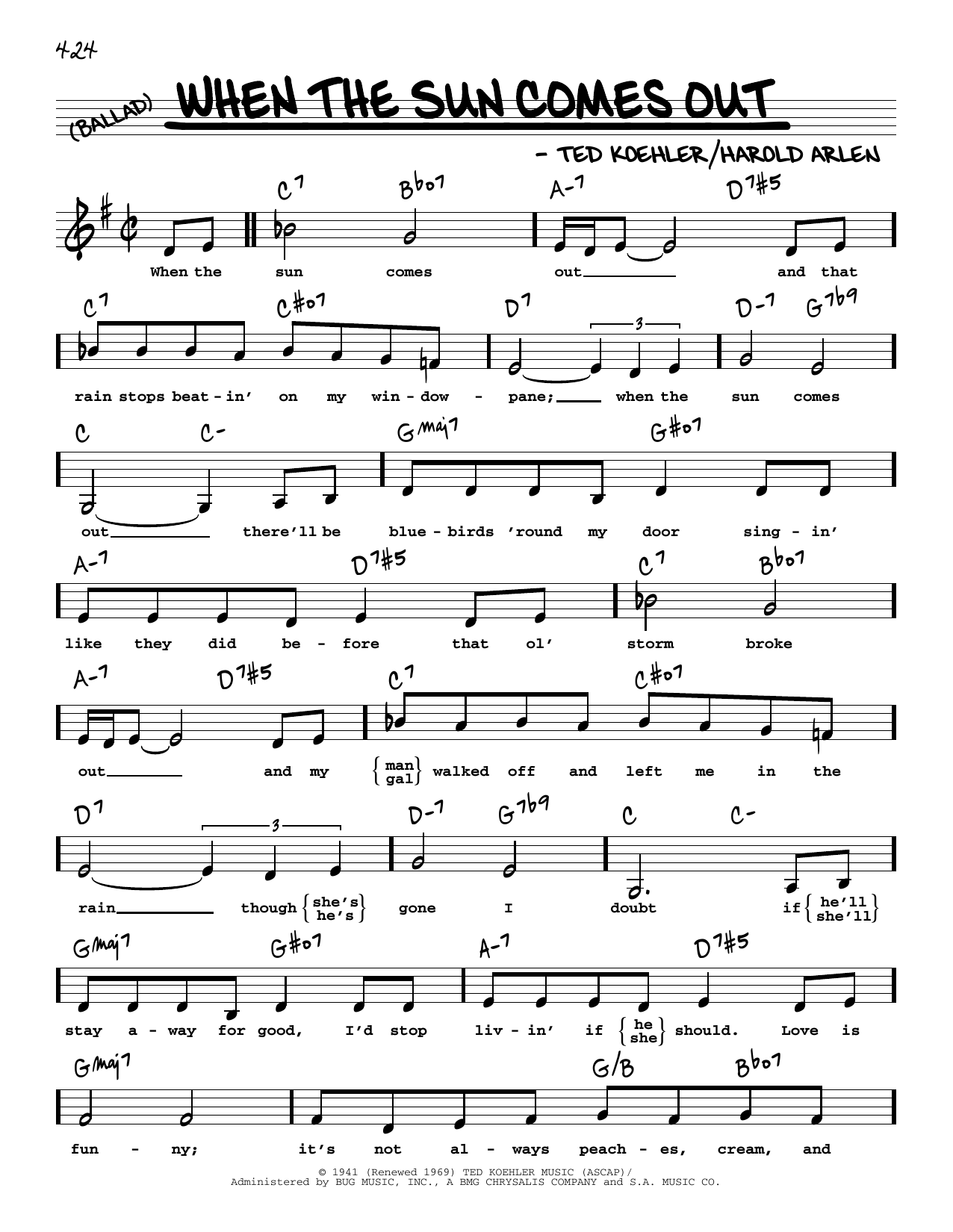 Harold Arlen When The Sun Comes Out (Low Voice) sheet music notes and chords arranged for Real Book – Melody, Lyrics & Chords