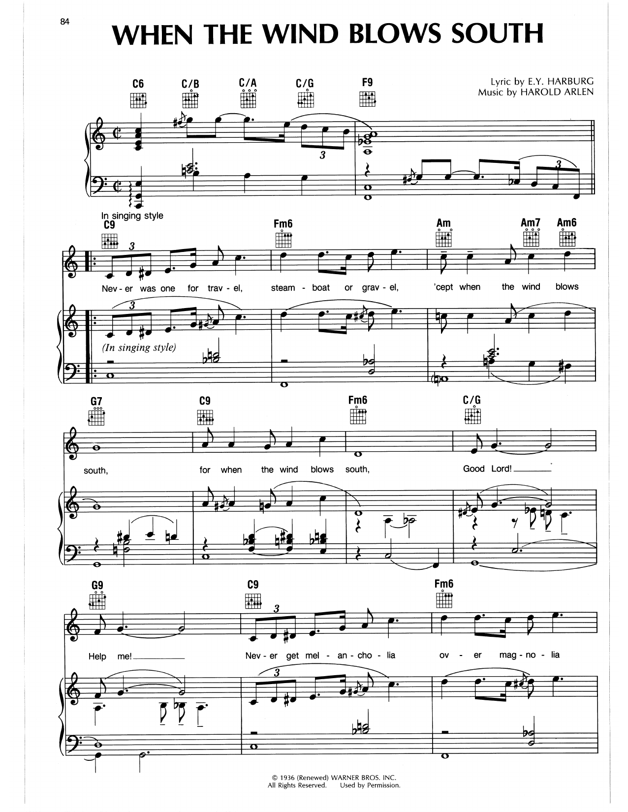 Harold Arlen When The Wind Blows South sheet music notes and chords arranged for Piano, Vocal & Guitar Chords (Right-Hand Melody)