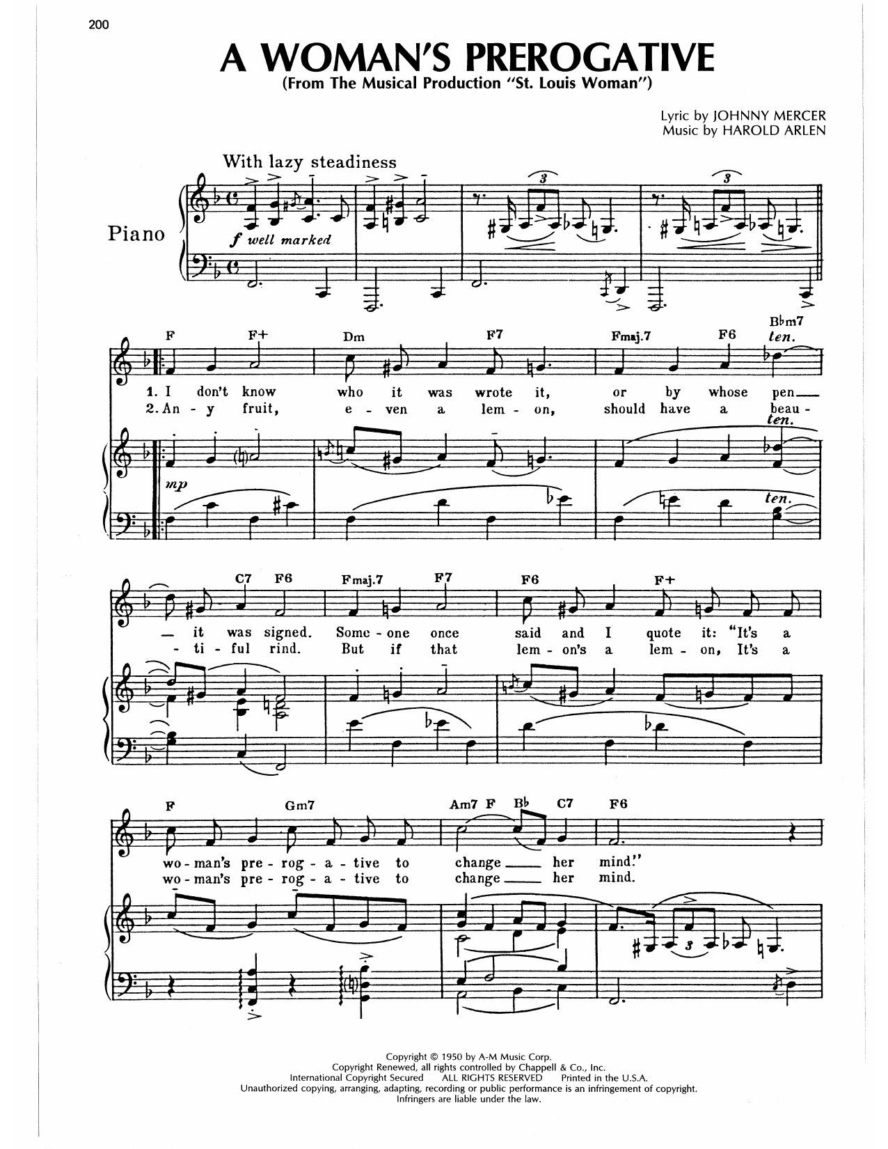 Harold Arlen Woman's Prerogative sheet music notes and chords arranged for Piano, Vocal & Guitar Chords (Right-Hand Melody)