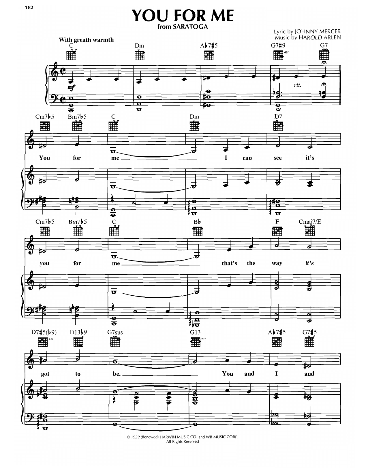 Harold Arlen You For Me (from Saratoga) sheet music notes and chords arranged for Piano, Vocal & Guitar Chords (Right-Hand Melody)