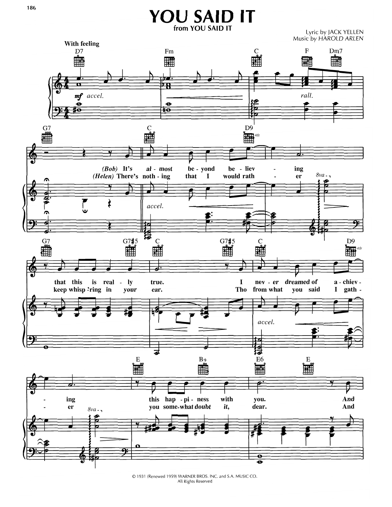 Harold Arlen You Said It sheet music notes and chords arranged for Piano, Vocal & Guitar Chords (Right-Hand Melody)
