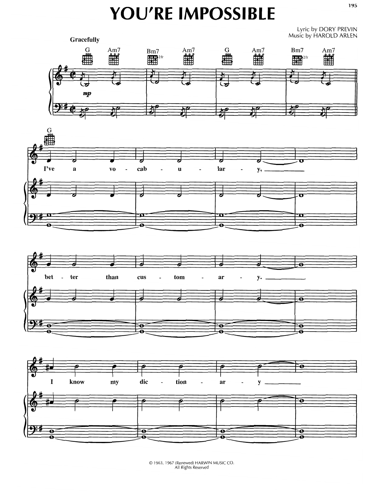Harold Arlen You're Impossible sheet music notes and chords arranged for Piano, Vocal & Guitar Chords (Right-Hand Melody)