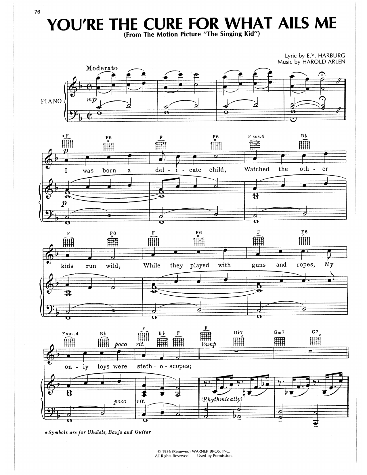 Harold Arlen You're The Cure For What Ails Me (from The Singing Kid) sheet music notes and chords arranged for Piano, Vocal & Guitar Chords (Right-Hand Melody)
