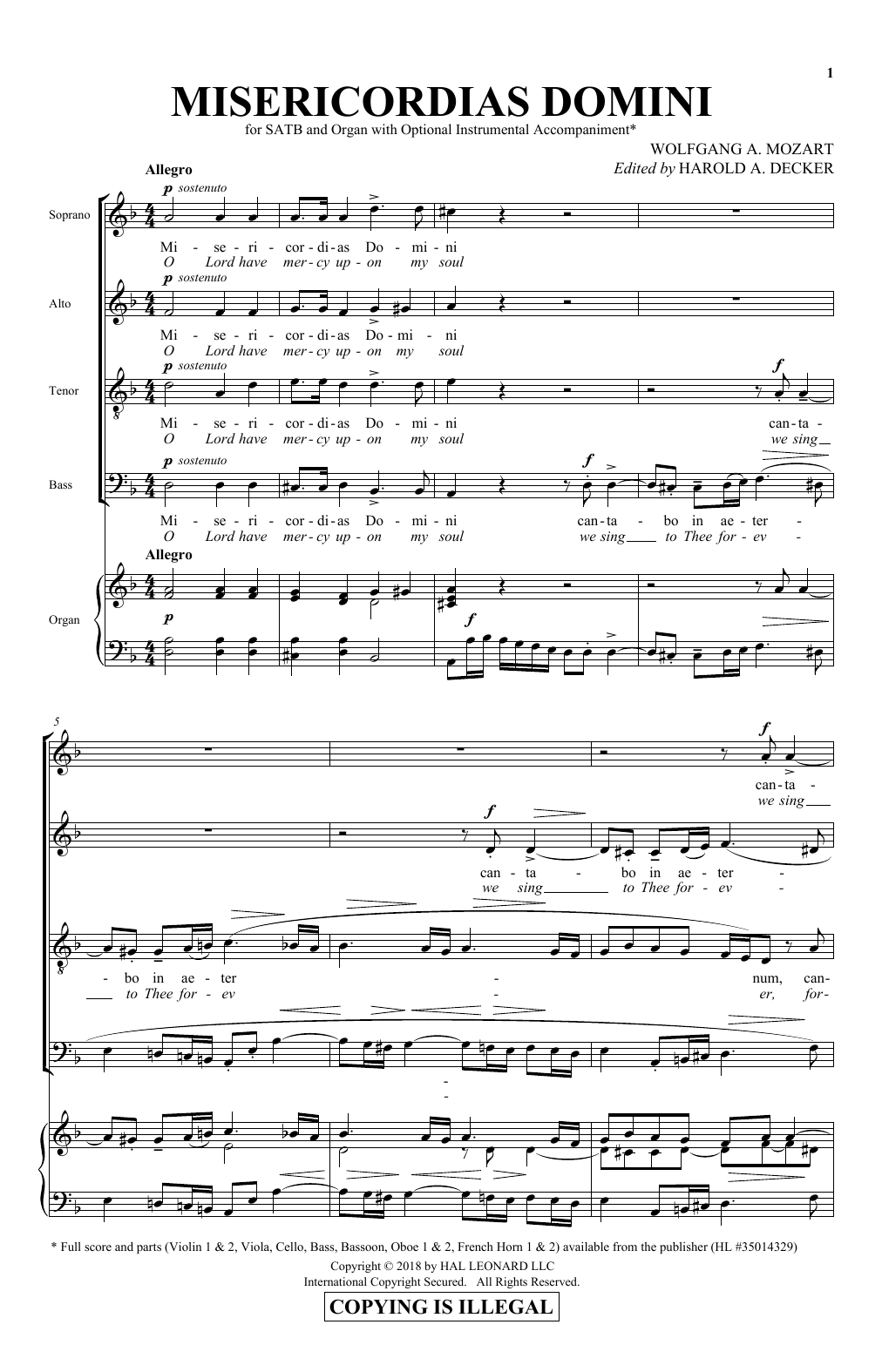 Harold Decker Misericordias Domini sheet music notes and chords arranged for SATB Choir
