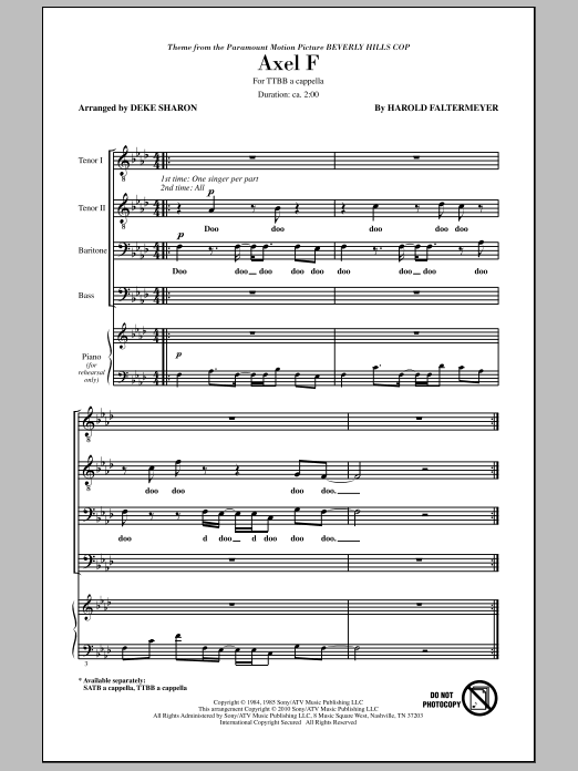 Harold Faltermeyer Axel F (from Beverly Hills Cop) (arr. Deke Sharon) sheet music notes and chords arranged for SATB Choir