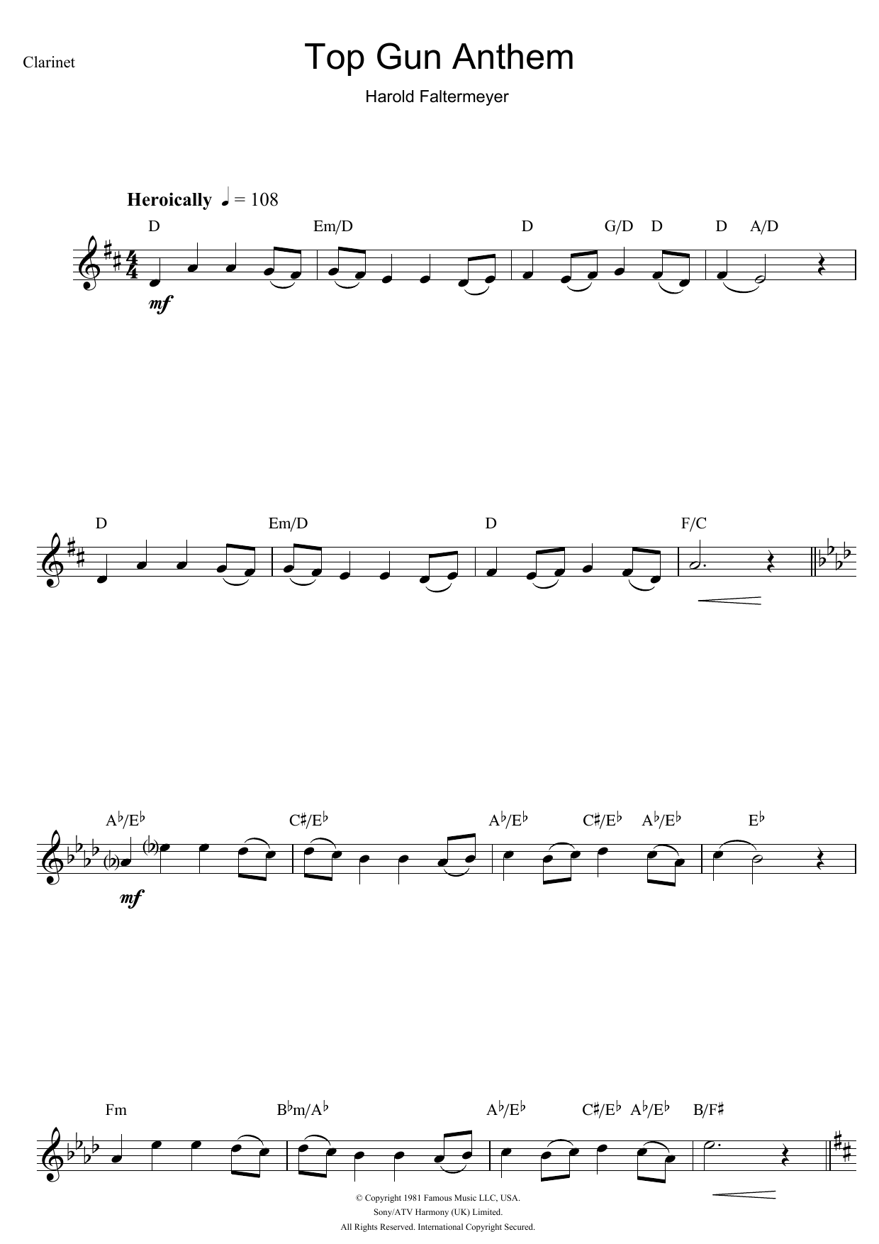 Harold Faltermeyer Top Gun (Anthem) sheet music notes and chords arranged for Clarinet Solo