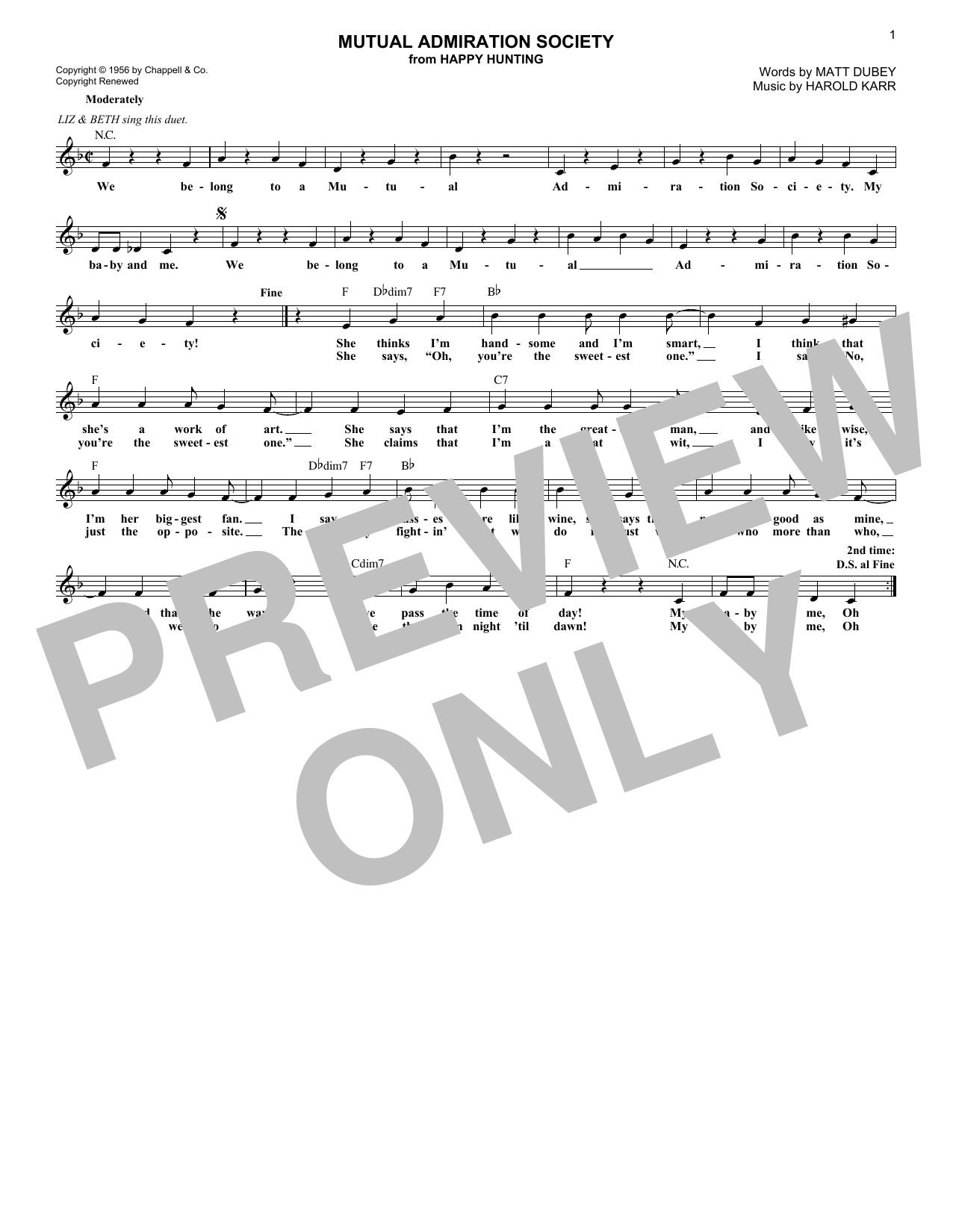 Harold Karr Mutual Admiration Society (from Happy Hunting) sheet music notes and chords arranged for Lead Sheet / Fake Book