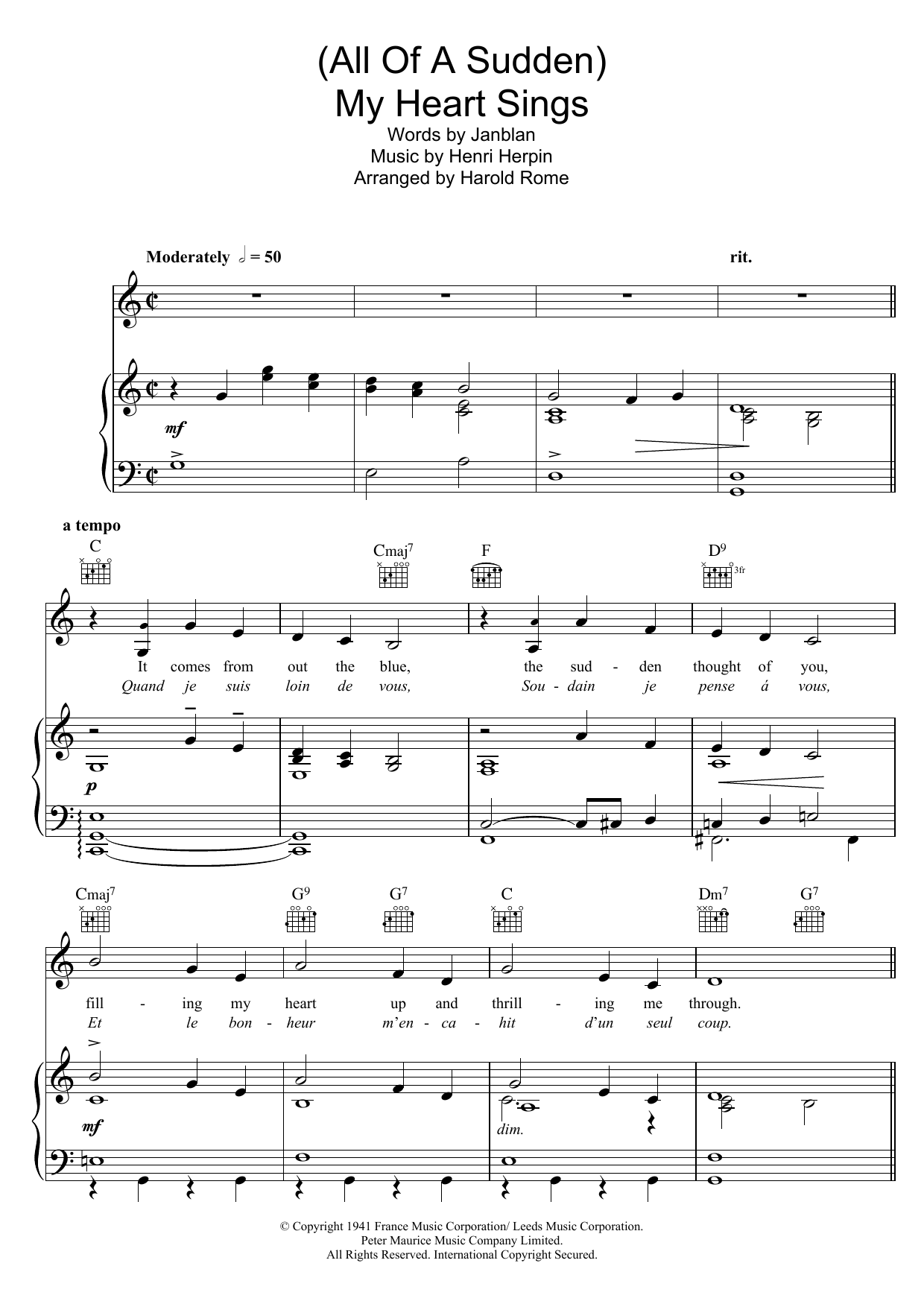 Harold Rome (All Of A Sudden) My Heart Sings sheet music notes and chords arranged for Piano, Vocal & Guitar Chords