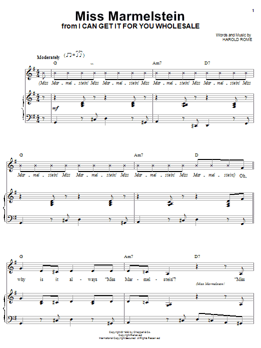 Harold Rome Miss Marmelstein sheet music notes and chords arranged for Piano, Vocal & Guitar Chords (Right-Hand Melody)