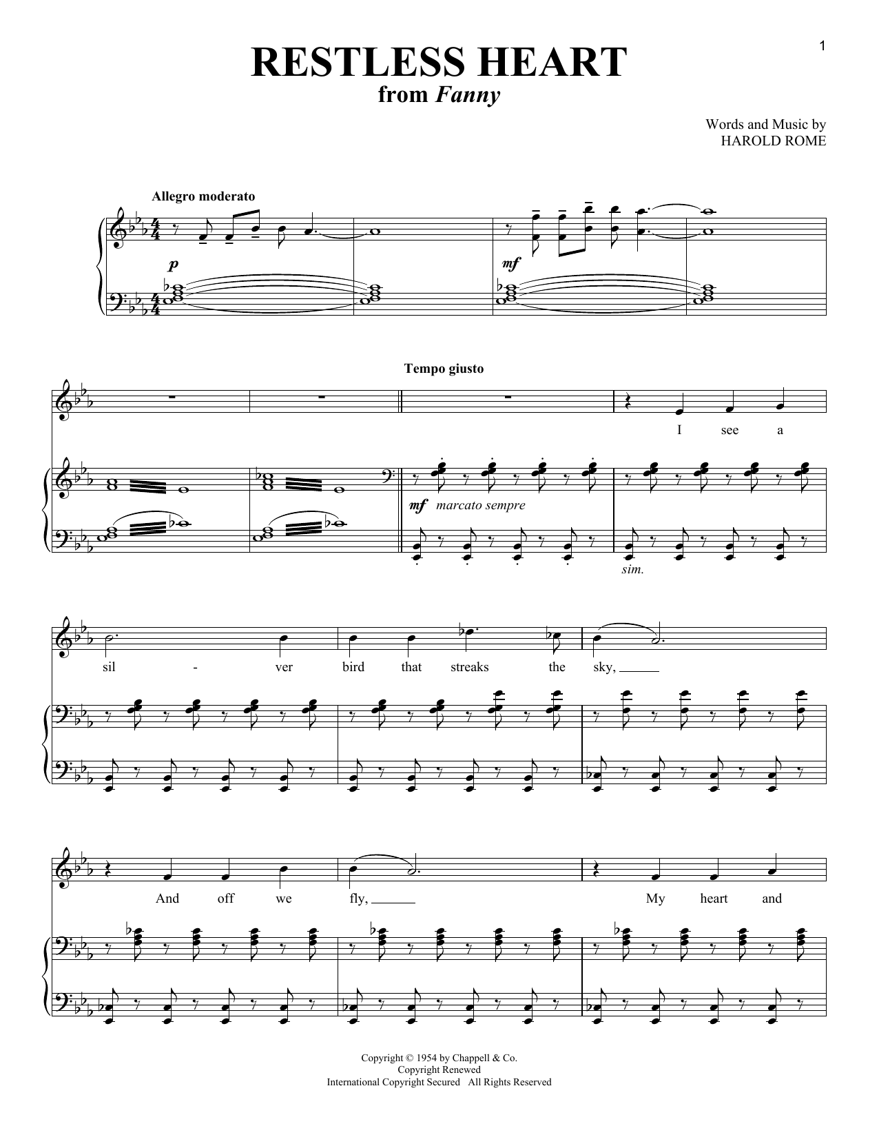 Harold Rome Restless Heart (from Fanny) sheet music notes and chords arranged for Piano & Vocal
