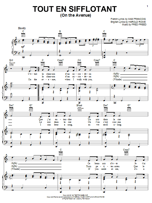 Harold Rome Tout En Sifflotant (On The Avenue) sheet music notes and chords arranged for Piano, Vocal & Guitar Chords (Right-Hand Melody)