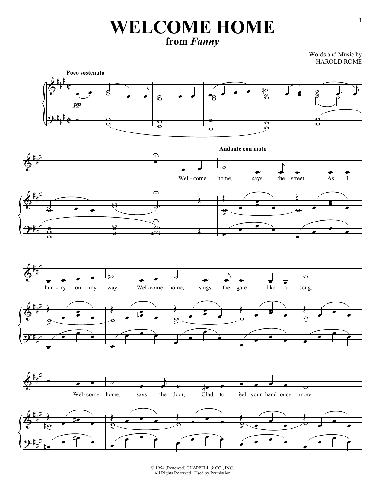 Harold Rome Welcome Home (from Fanny) sheet music notes and chords arranged for Piano & Vocal